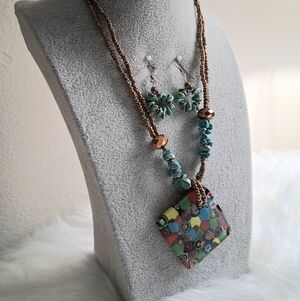 Mosaic Glass Beaded Necklace And Earring Set